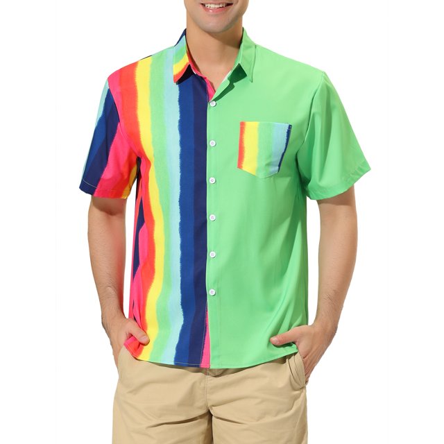 INSPIRE CHIC Chemise d'Été à Manches Courtes Patchwork Rayé pour Hommes P Vert Jaune Rose
