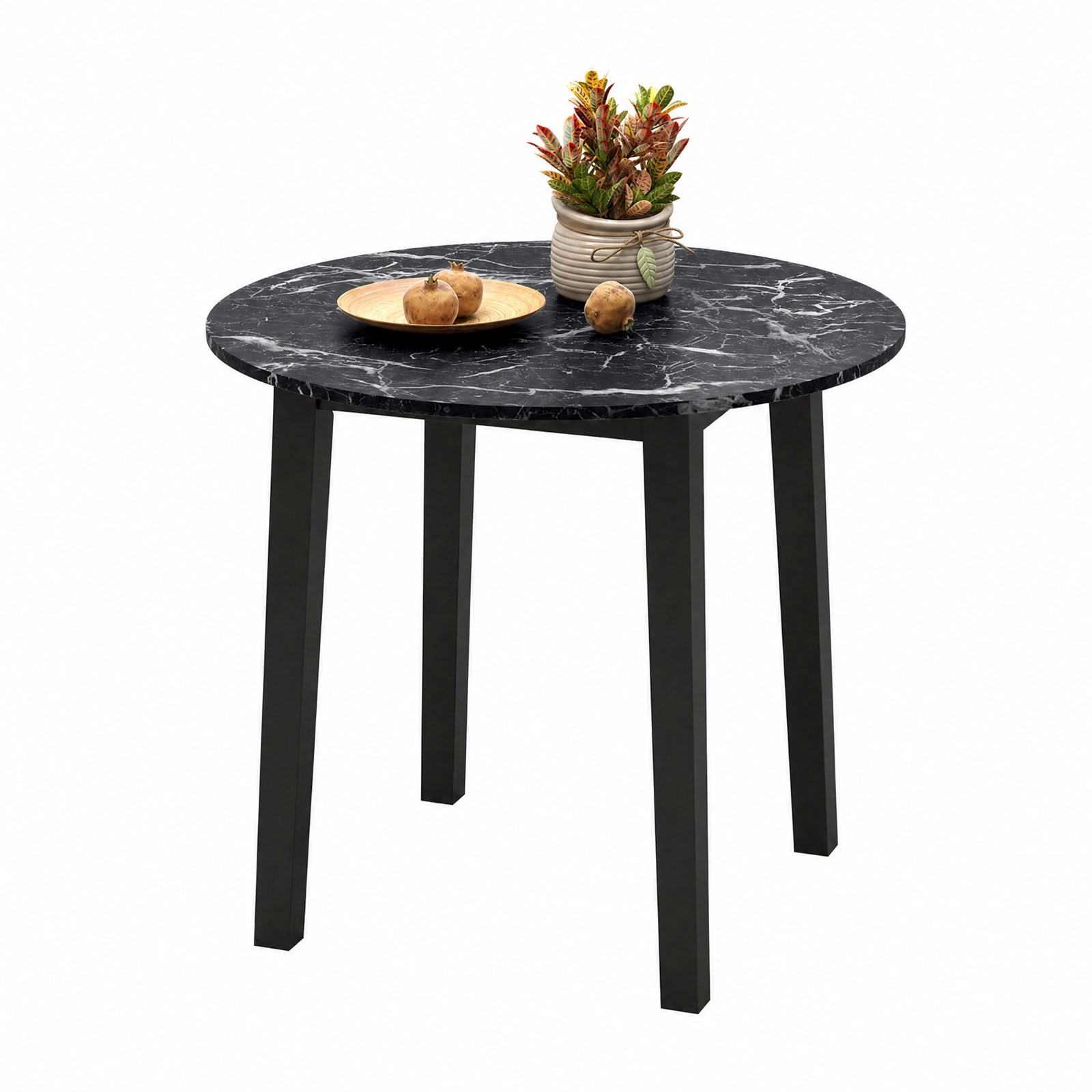 Furnibear 35 Inch Round Dining Table for 4 with Rubber Wood Legs and Marble Textured Veneer Top for Kitchen and Dining Room, Black