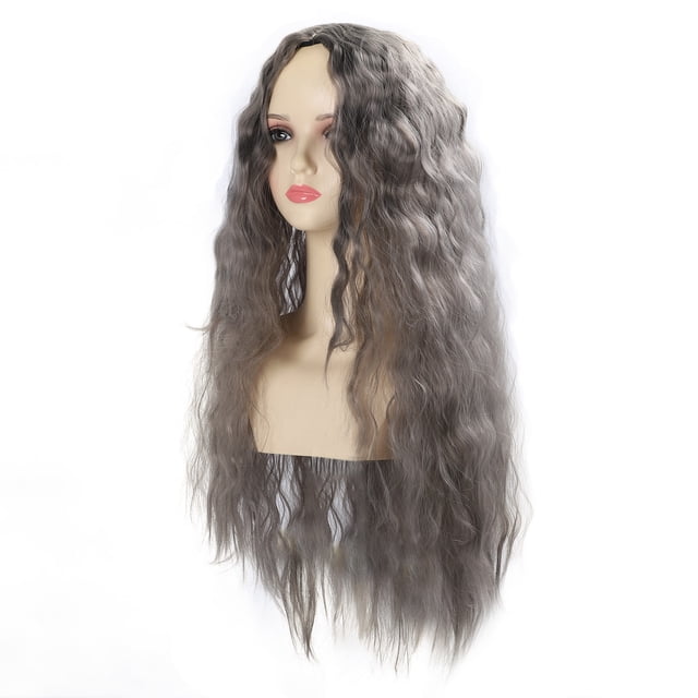 Long Curly Wavy Gray Wig, Synthetic Adjustable Breathable Heat Resistant Long Wavy Grey Wig for Daily