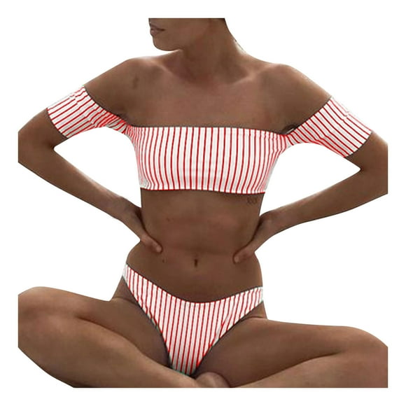 Babysbule Womens Swimsuits Clearance Sexy Bandage Stripe Two Pieces Bikini Set Halter Swimsuit Beach Bathing Suit