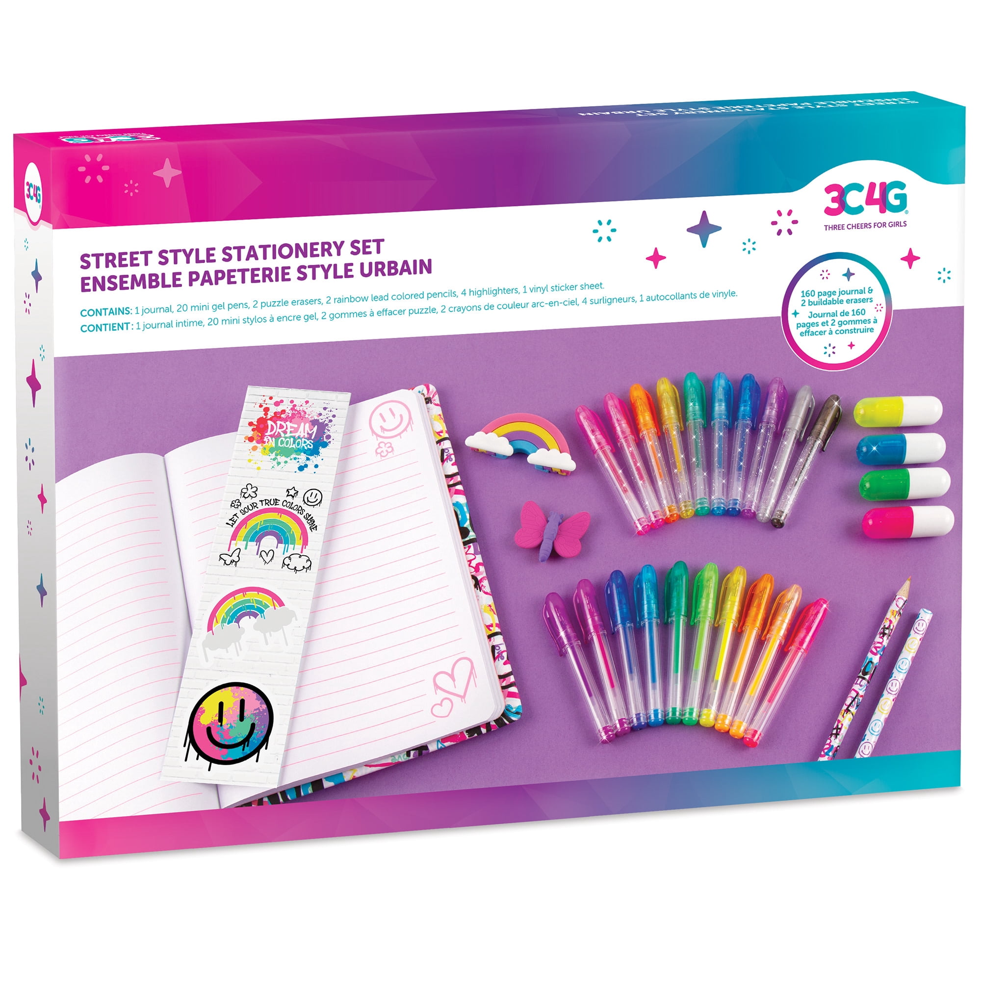 3C4G: Street Style 30 Piece Stationery Set - Includes 20 Mini Gel Pens, 2 Erasers, 2 Colored Pencils, 4 Highlighters & Sticker Sheet, Tweens & Girls 6+