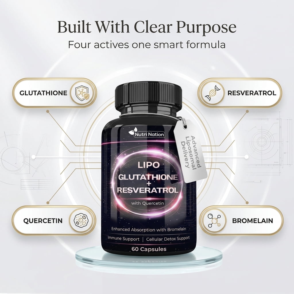 Liposomal Glutathione 500mg with Resveratrol, Quercetin & Bromelain – Advanced Antioxidant & Immune Support Supplement, Cellular Detox & Absorption Support – 60 Capsules