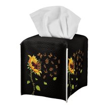 FUIALDOLG Tissue Box Holder Waterproof - Square PU Leather Tissues Cube Box Cover -Sunflower Butterfly Decorative Car Facial Tissue Holder on Table and Barthroom, 5.1"X5.1"X5.5"