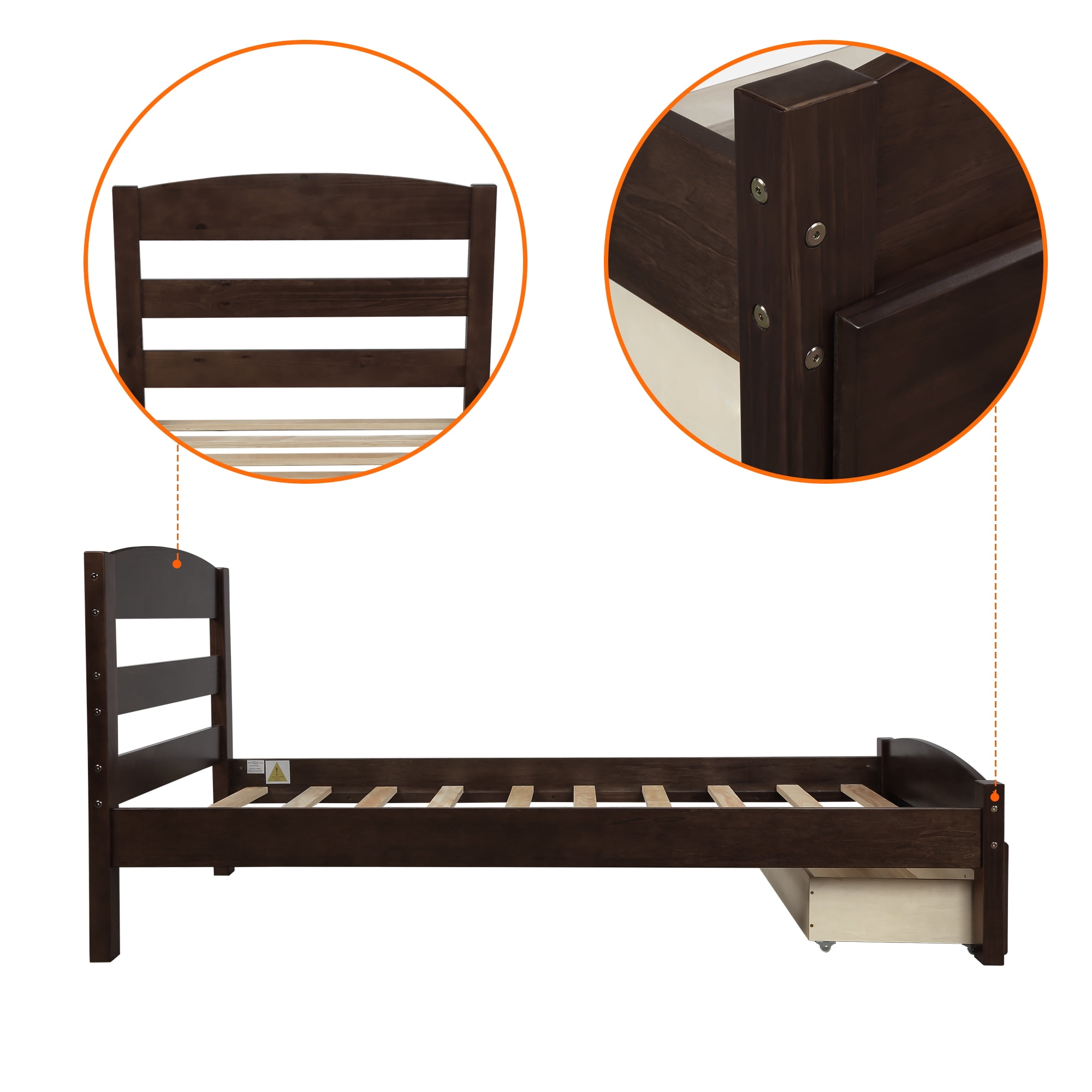 Gewnee Twin Size Wood Platform Bed Frame with Headboard and Big Storage Drawer for Kids,Espresso