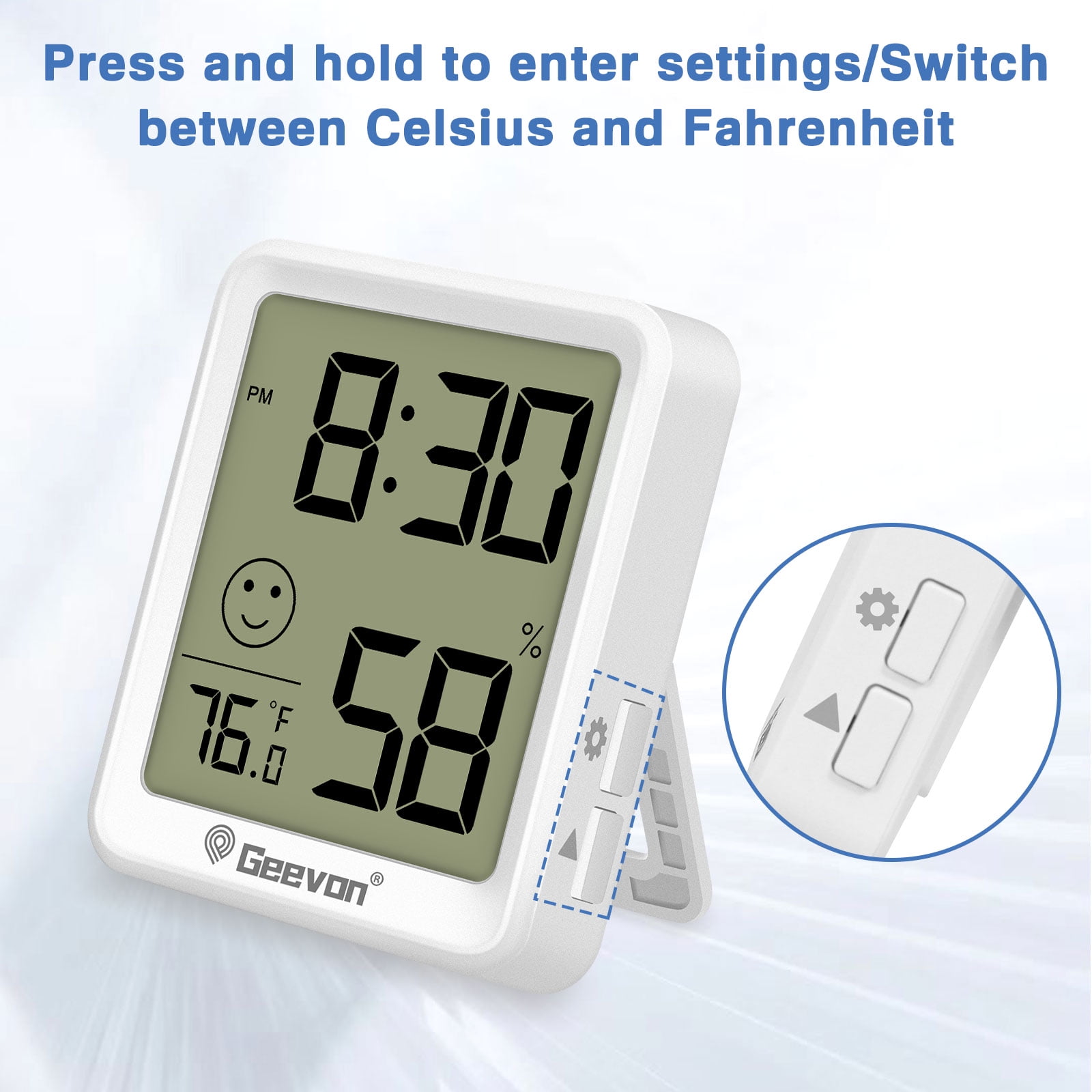 Geevon 6 Pack Digital Hygrometer Indoor Thermohygrometer, Room Thermometer Humidity Meter with Time for Home, Bedroom, Baby Room, Office, Greenhouse, Cellar (White)