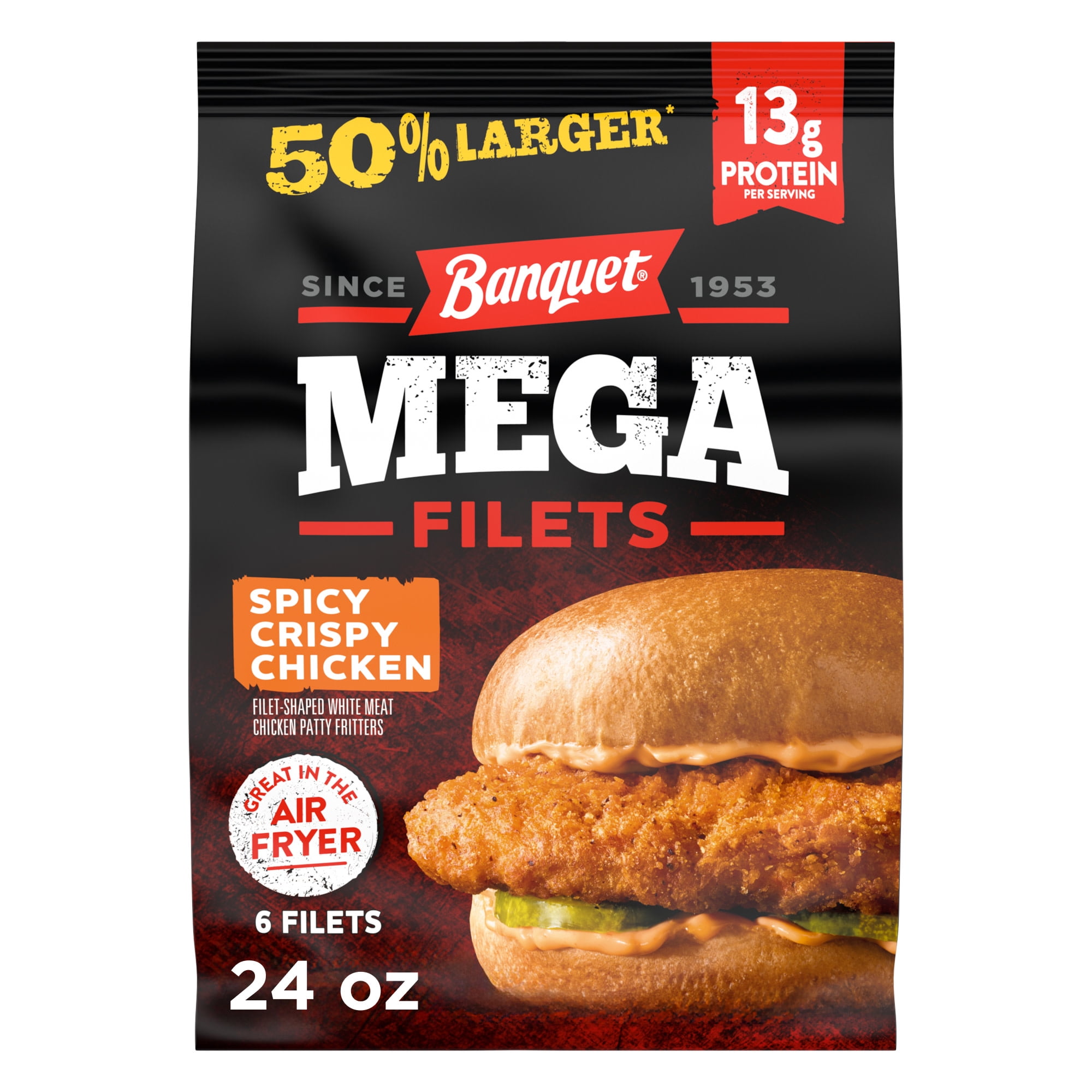 Banquet MEGA Filets Spicy Crispy Chicken Filets, 13g Protein per Serving, Frozen Meal, 24 oz., 6-Count