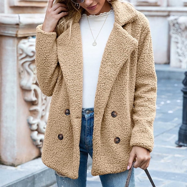 Puntoco Chaqueta para mujer Chaqueta sólida Botón de bolsillo Cuello vuelto Slim Fit Chaqueta cálida mediana y larga Puntoco Puntoco-825