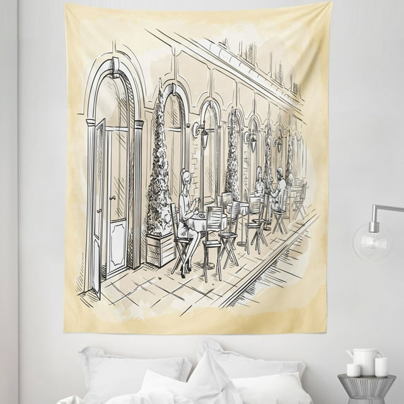 French Cafe Tapestry, Outline Sketch Illustration Street City Living Traditional Paris Print, Fabric Wall Hanging Decor for Bedroom Living Room Dorm, 5 Sizes, Champagne and Beige, by Ambesonne