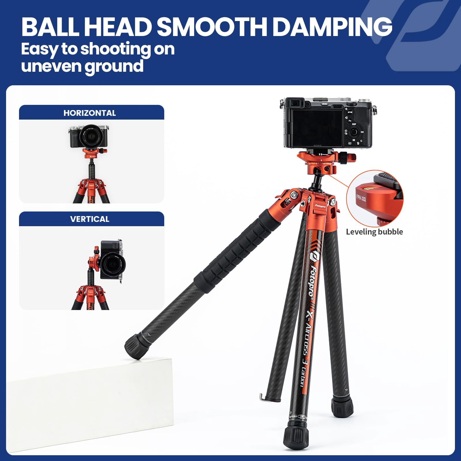 Fotopro 60" Carbon Fiber Tripod with Ball Head, 1.7 lbs Ultralight Travel Tripod for Camera DSLR, Max Load 22 lbs, X-Aircross 3 Lite, Flame Orange
