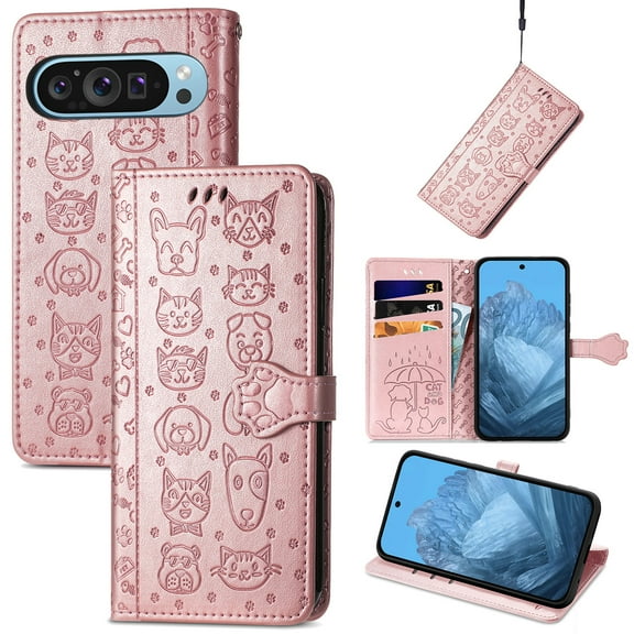 Lovely Animal Pattern Wallet Flip Case for Google Pixel 9 Pro XL, PU Leather Magnetic Closure Card Holder Lanyard Kickstand Phone Cover for Google Pixel 9 Pro XL, Rosegold