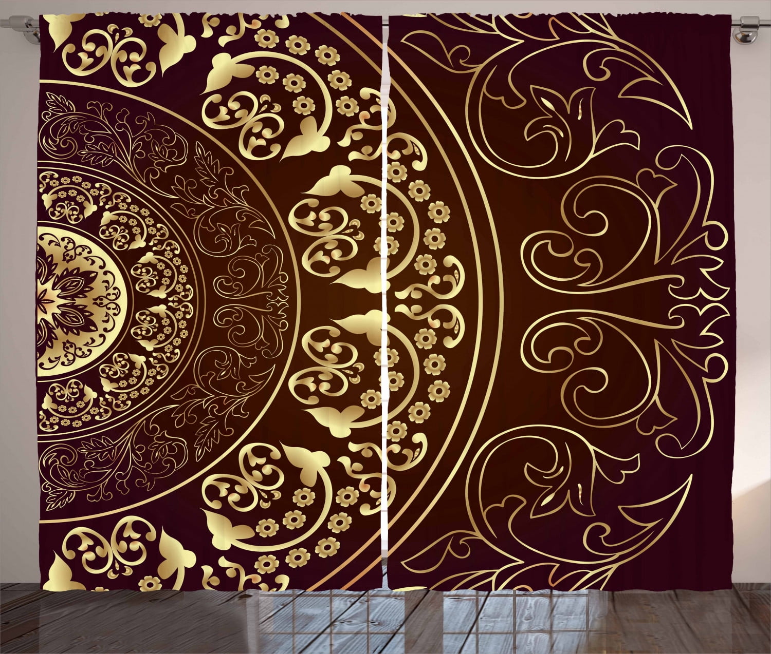 Mandala Curtains 2 Panels Set Vintage Ethnic Asian Spiritual Cosmos Pattern With Swirled Floral Leaves Artwork Window Drapes For Living Room