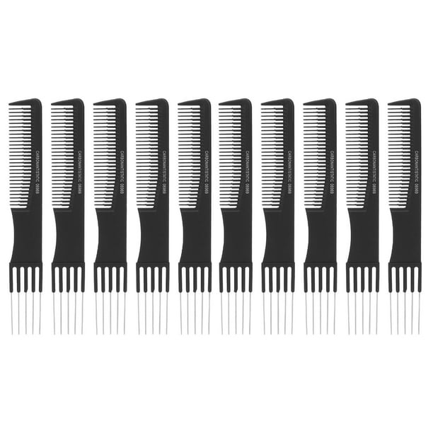 10 peines de carbono con puntas metálicas para cardar el cabello, color negro.