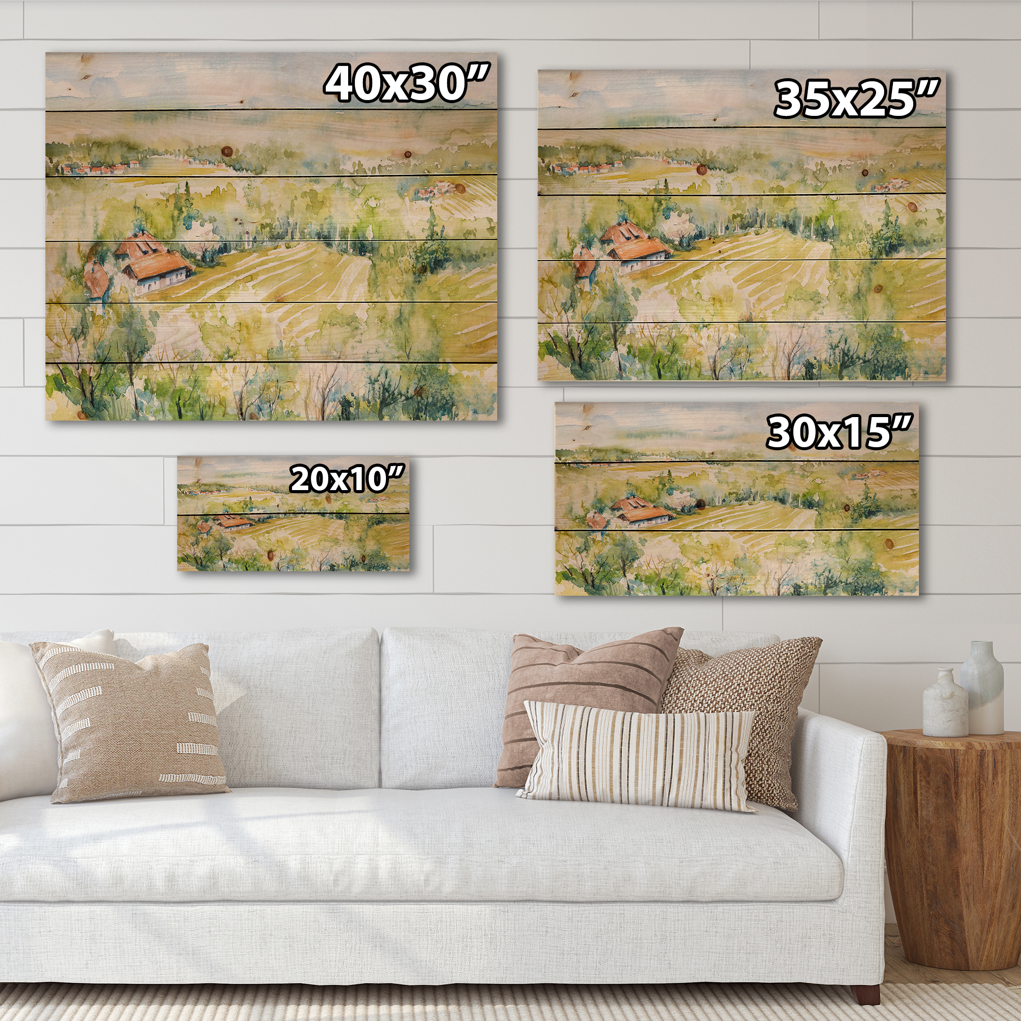 Designart 'Abstract Blossoming Green Fields In Countryside ' Country Print on Natural Pine Wood