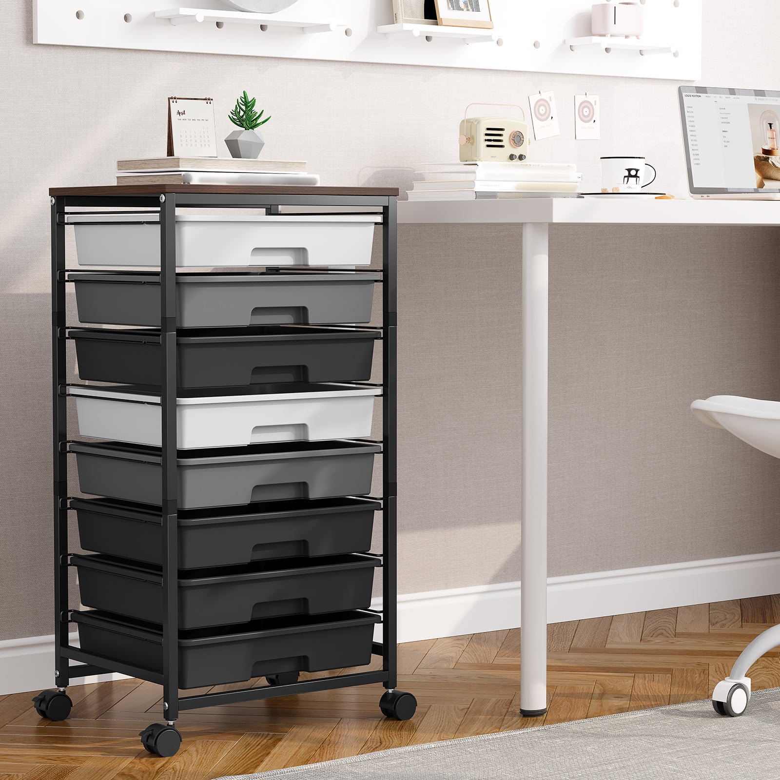 KK KINGRACK Storage Rolling Drawer Cart, Rolling Cart with 8 Drawers and Wooden Tabletop, Metal & Plastic, Gray