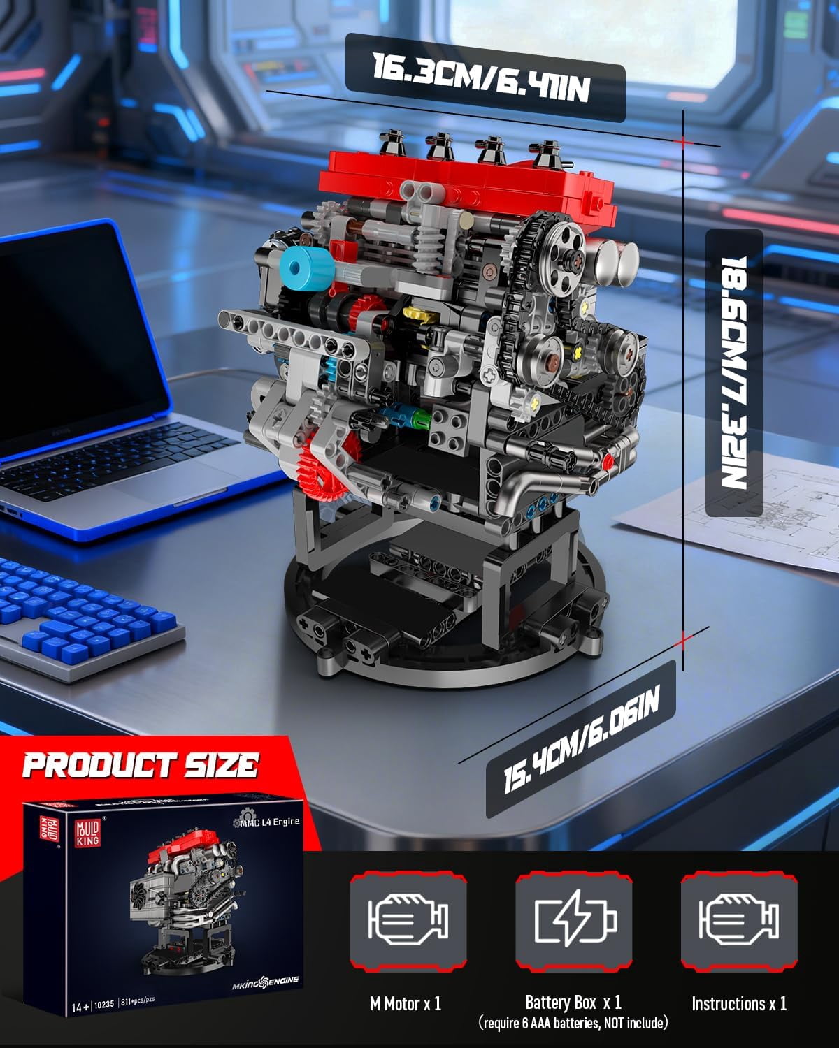Model Engine Kit That Runs- Build Your Own STEM Car Engine Model, MMC Car L4 Model Engine Kit for Adults Collections Home or Office Décor (811+PCS)