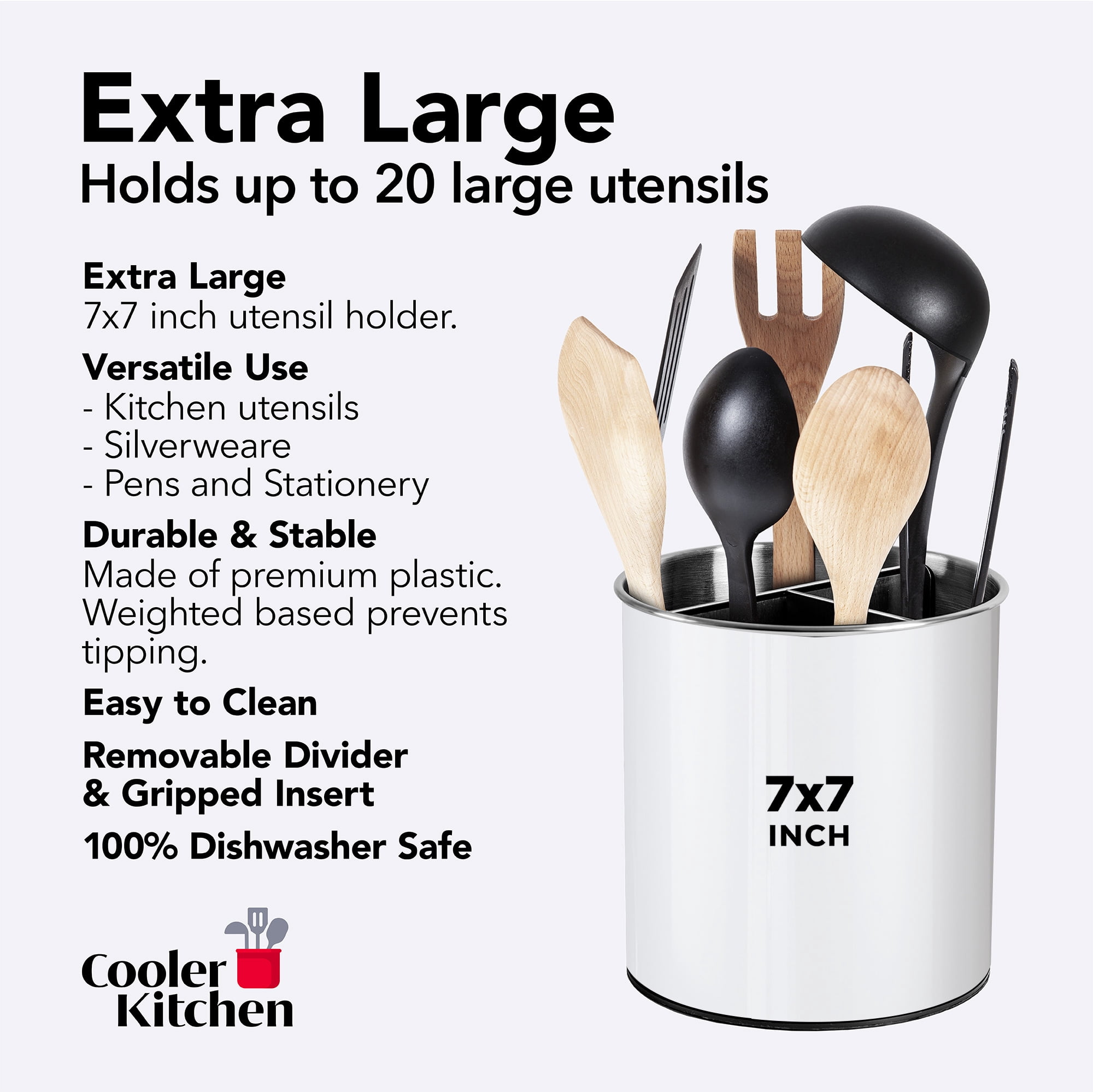 Rotating Extra Large Stainless Steel Utensil Holder Caddy with Sturdy No-Tip Weighted Base, Removable Divider, and Gripped Insert Bottom - Dishwasher Safe Metal Cooking Utensil Holder (White)