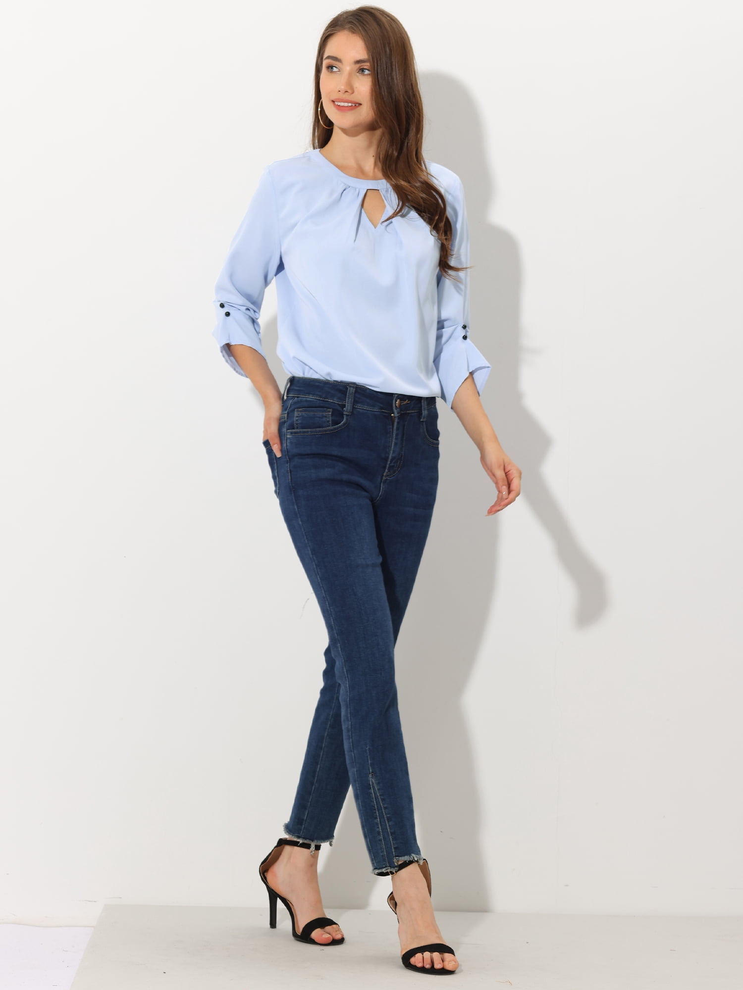 DARING DIVA Round Neck Keyhole Pleated Shirred Work Top XS Light Blue