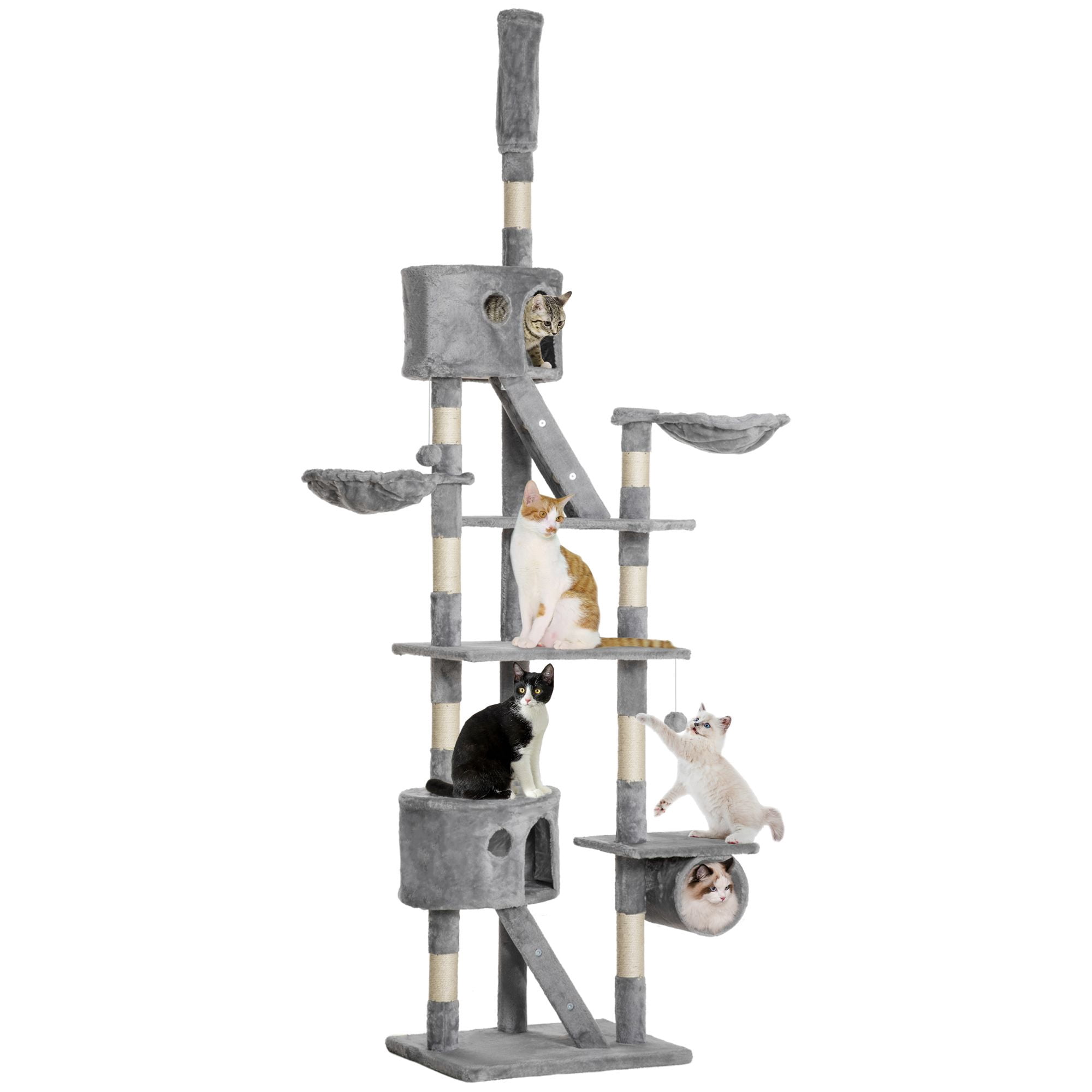 Large Light Grey Cat Tree Condo - 94"-102" Multi-Level Activity Center with Scratching Posts & 2 Condos | Living Room, Bedroom & More
