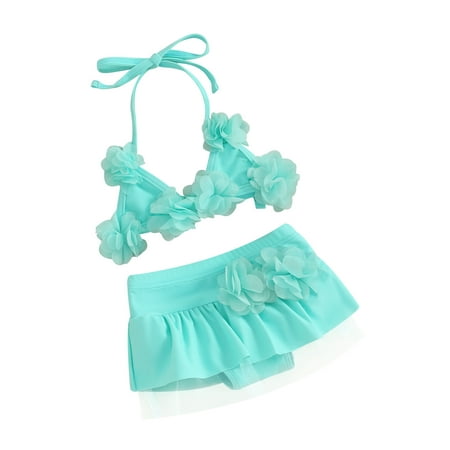 

Bslissey Baby Girls Swimsuit Outfits Halter Neck 3D Flower Tie Up Tops + Elastic Waist Mesh Shorts Infant Toddler Casual Cute 2Pcs Bikini Split Swimwear Set 0-24M