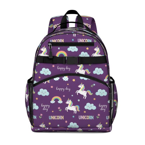 Unicorn and Rainbow Purple Pattern Cute School Backpack Bag for School with Padded Back and Adjustable Shoulder Straps 15.25"x11.5"x5.25"