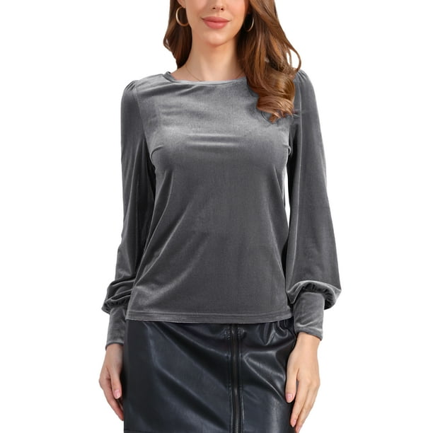Blusa de terciopelo inspiradora para mujer, cuello redondo, mangas largas abullonadas, top casual L gris