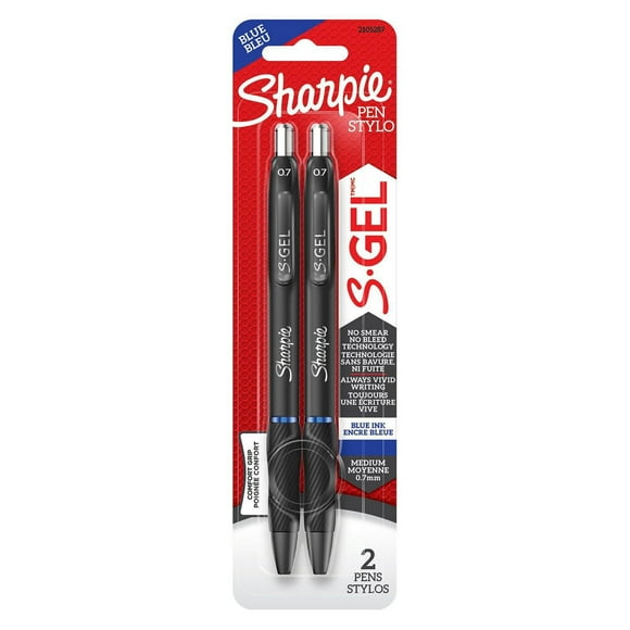 Stylo gel Sharpie S-Gel, pointe moyenne (0,7 mm), encre bleu 2 unités