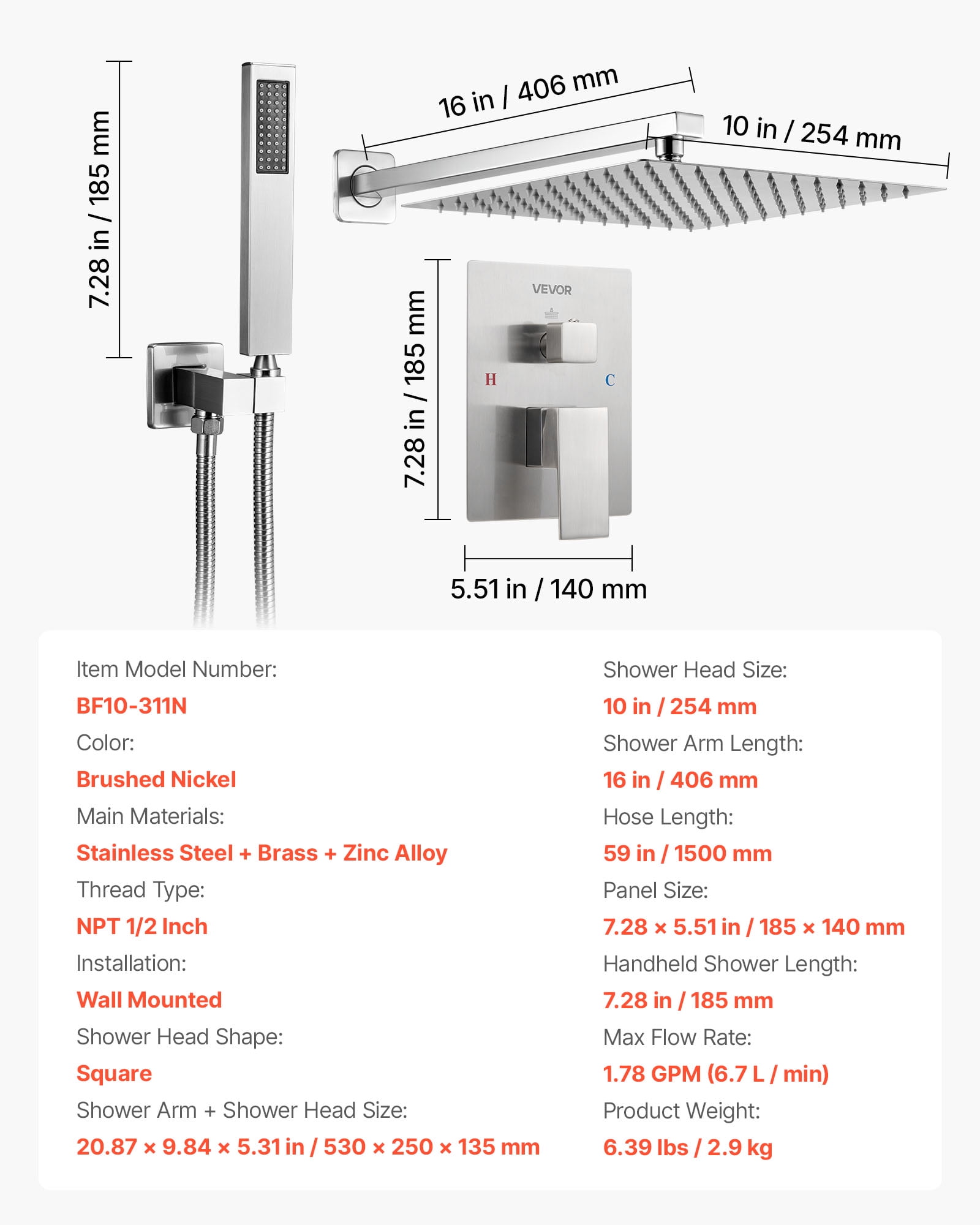 VEVOR Shower Faucet Set, Rainfall Bathroom Shower System with 10-Inch Square Rain Shower Head and Handheld Spray, Wall Mounted Bath Fixtures with Brass Valve and Trim Kit, Brushed Nickel
