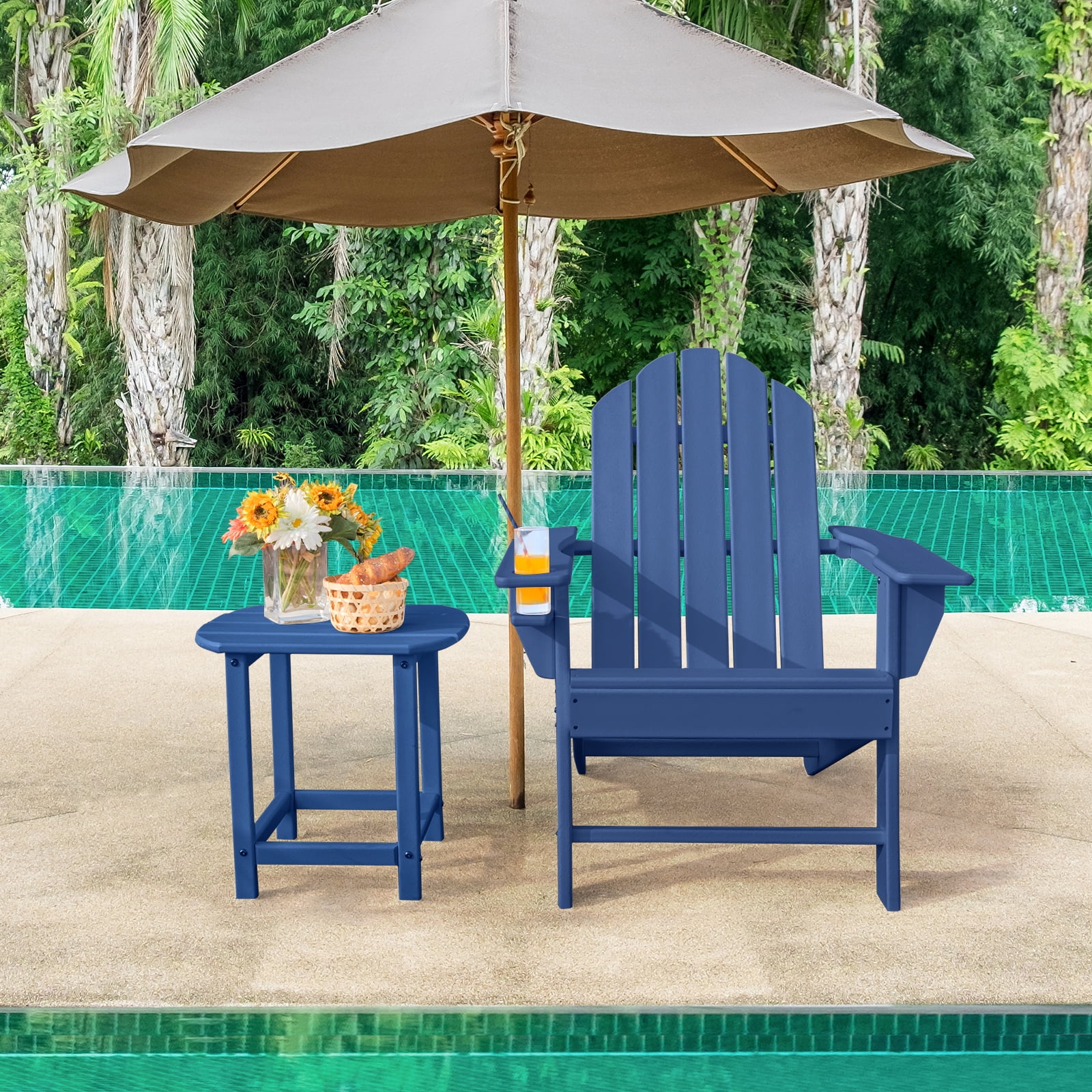 Gymax 2 PCS Patio Folding Adirondack Chair Side Table Cup Holder HDPE Navy