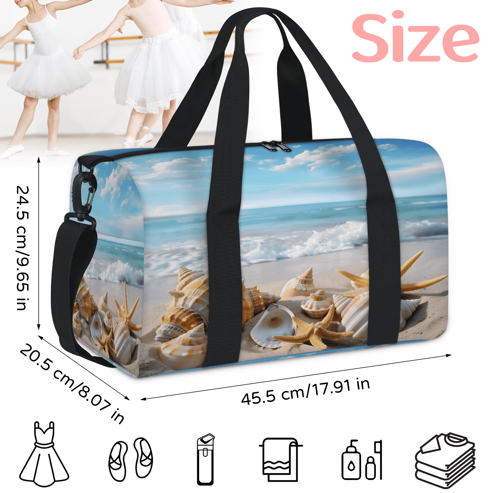 Herdesigns Starfish Beach Theme Gym Bag for Women, Duffle Bag for Travel Sport, Lightweight Waterproof Carry on Weekender Overnight Dance Yoga Workout Bags