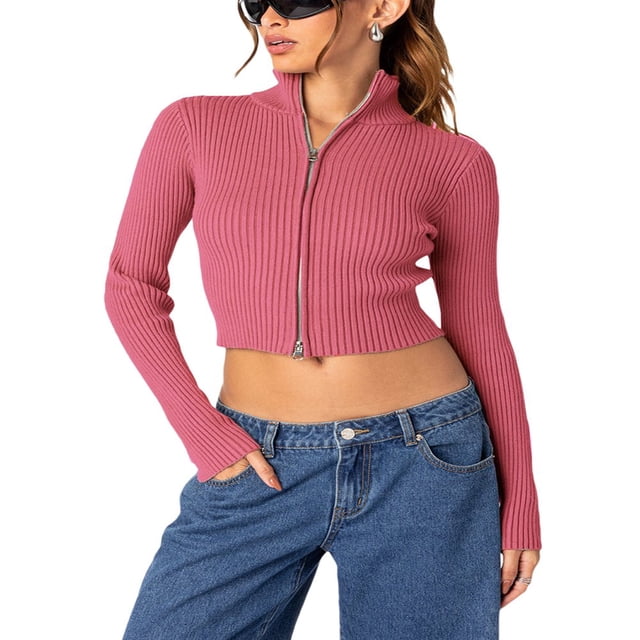 Ladies‘ Fitted Short Knitted Sweater in Solid Color with Zipper Closure