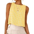 thumbnail image 5 of Xdegoge Linen Crop Tank Tops for Women Boat Neck Sleeveless Casual Vacation Beach Fashion Boxy Fit Checkered Plaid Pattern Soft Breathable Spring Summer Tops, 5 of 7