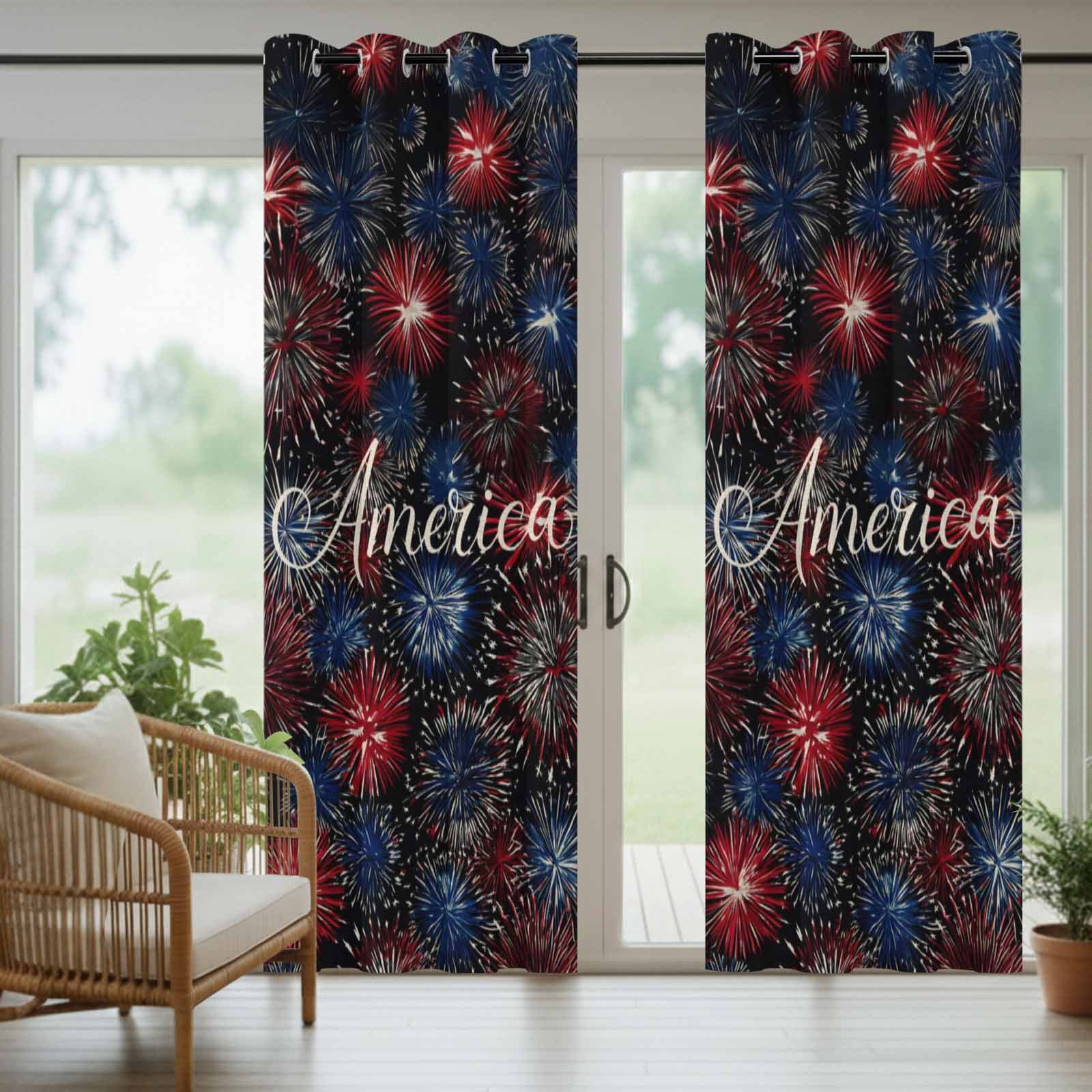 Independence Day Outdoor Curtains for Patio, America Letter Print Fantasy Colorful Firework Sunshade Privacy Drapes Grommet Waterproof Outside Curtains for Porch/Cabana/Balcony 54"x 108", 1 Panel
