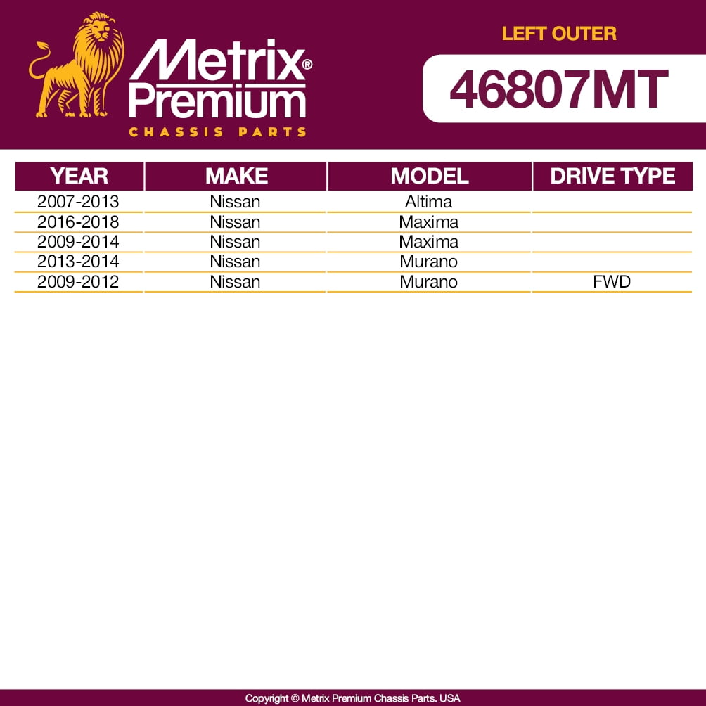 Metrix Premium Right Outer Tie Rod End ES800357 Fits 2013 INFINITI FX37,  2014 QX70, 2007-2013 Nissan Altima, 2016-2018 Maxima, 2009-2014 Maxima,