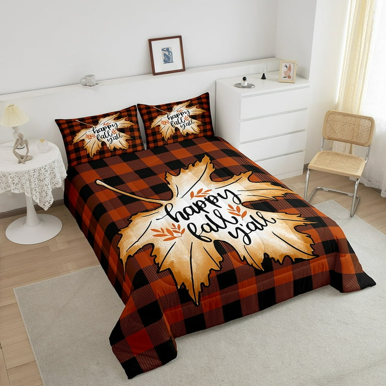 Fall Truck Handmade Duvet Cover, Autumn Pumpkin Maple Leaves Comforter Cover, Black White Plaid Farmhouse offers Style Bedding Set