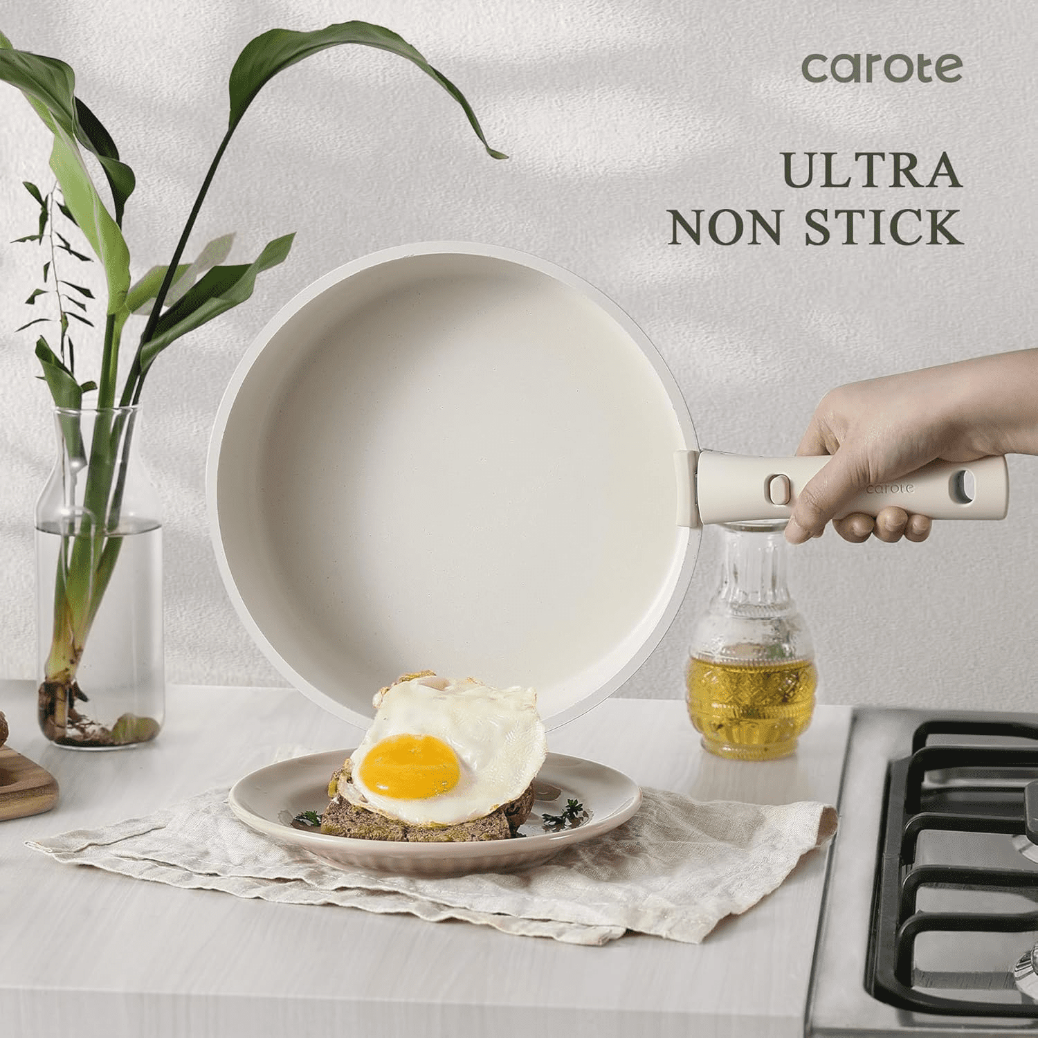 Carote Nonstick Cookware Sets, 17 Pcs Non Stick Pots and Pans Set with Removable Handle, Dishwasher & Oven Safe, Induction Compatible, White