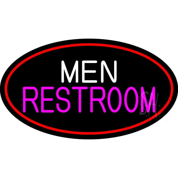 Men Restroom Oval With Red Border LED Neon Sign 20 x 37 - inches, Clear Edge Cut Acrylic Backing, with Dimmer - Bright and Premium built indoor LED Neon Sign for Bar decor.