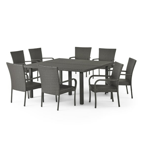 GDF Studio Larue Outdoor Wicker 9 Piece Square Dining Set, Gray