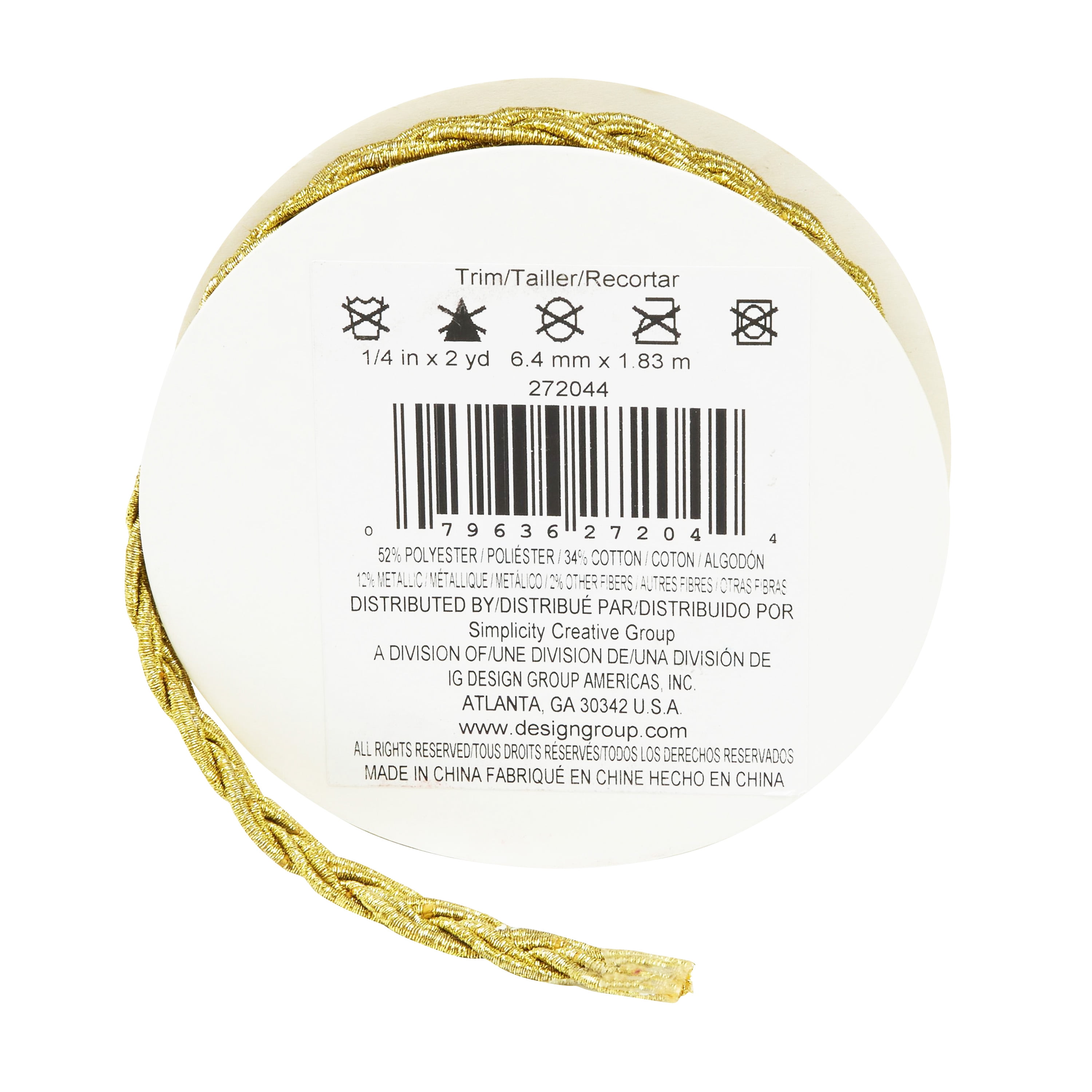 (2 pack) Simplicity Trim, Gold 1/4 inch Cord Braid Trim Great for Apparel, Home Decorating, and Crafts, 2 Yards, 1 Each