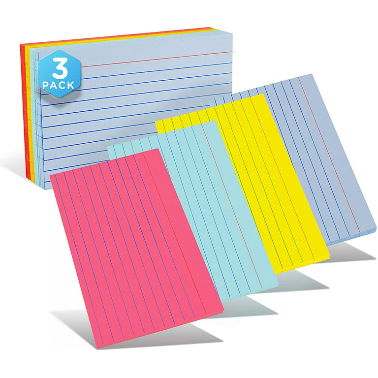 Emraw Ruled Lined Colored Index Note Cards Heavy Weight Durable 3 X 5 Inch  Plain Back Assorted Colors Note Cards for School Home and Office - 300 Cards  (3 Packs of 100) 