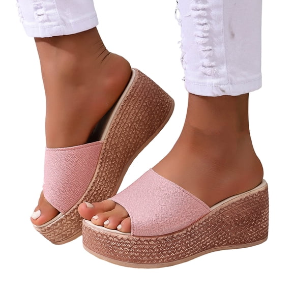 Womens Wedge Sandals Chunky Platform High Heels Open Toe Slip on Slides Casual Dressy Summer Beach Shoes Pink Size 9