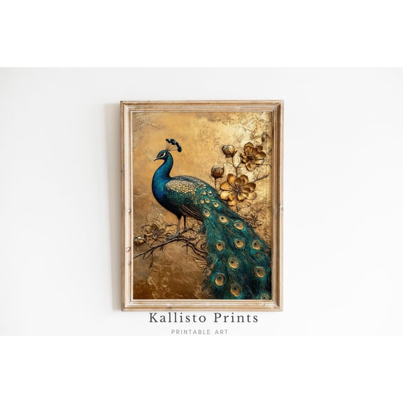 Golden Peacock Wall Art, Luxury work, Ornate Nature-Inspired Decor, Botanical Bird Print Poster for Home, Size 8x12 UNFFRAMED F03.1.6l1873