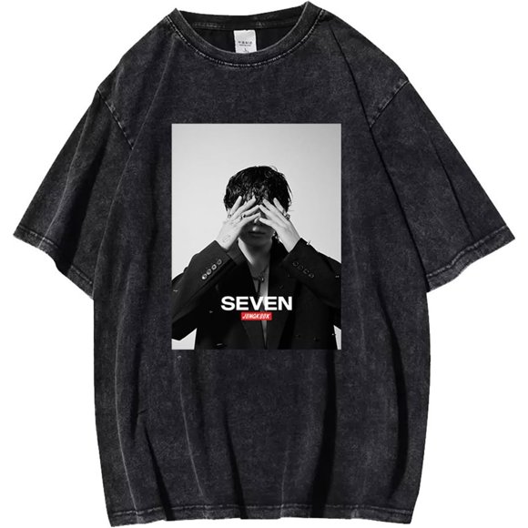 Jungkook Merch T-Shirt Seven 7 Album Vintage Distressed Decolor Dirty-Liked Cotton Black Loose Tee