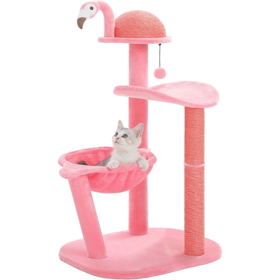 Osmanthus 34.2'' Cat Scracthcing Post, Tall Cat Scratcher with Large Cat Hammock [Dia=30CM], Flamingos Natural Sisal Cat Scratch Post, Pink Small Cat Tree Tower for Indoor Cats&Kittens