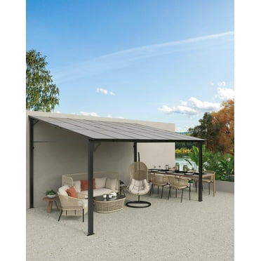 TROPOW 12' x 14' Lean to Gazebo, Hardtop Wall Pergola with Polycarbonate Roof, Aluminum Frame Mounted Gazebo for Lawn Patio Deck Yard and Party