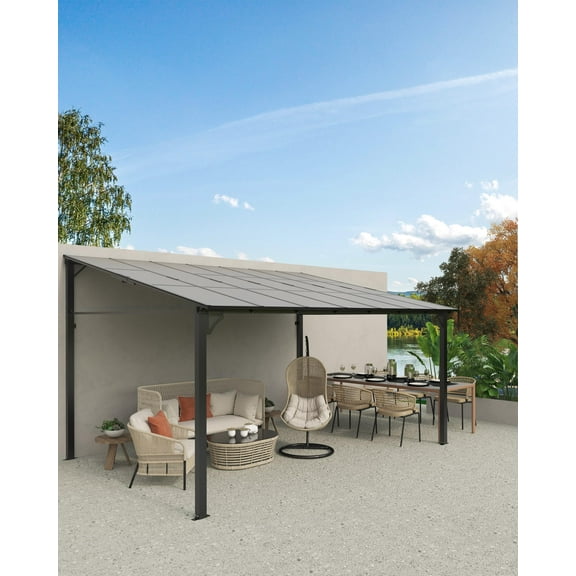 TROPOW 12' x 14' Lean to Gazebo, Hardtop Wall Pergola with Polycarbonate Roof, Aluminum Frame Mounted Gazebo for Lawn Patio Deck Yard and Party