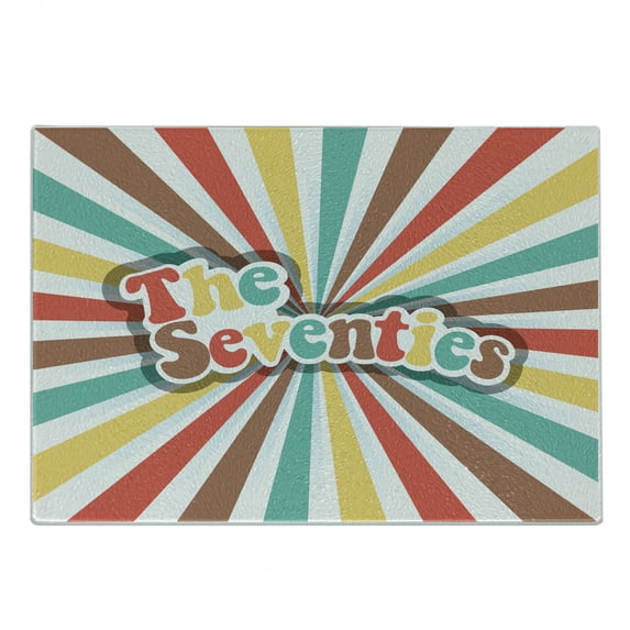 70s Party Cutting Board, Seventies Retro Pastel Colored Typography Old Radial Backdrop Art Print, Decorative Tempered Glass Cutting and Serving Board, Small Size, Multicolor, by Ambesonne