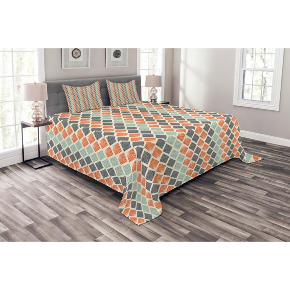 Ambesonne Geometric Quilted Bedspread Set 3 Pcs, Rhombs with Lines, King Size, Grey Almond Green