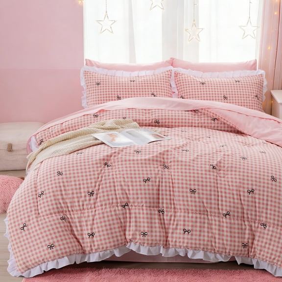 Btargot Pink Gingham Bow 5-Piece Twin Comforter Set Ruffled Plaid Checkered Princess Style Bedding Set