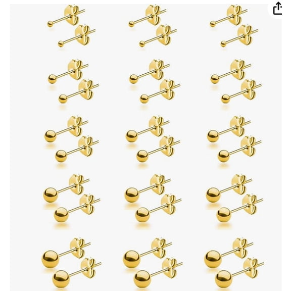 Cterwk 15 Pairs 3-7mm Round Ball Stud Earrings for Women 316L Stainless Steel Stud Earrings, Gold
