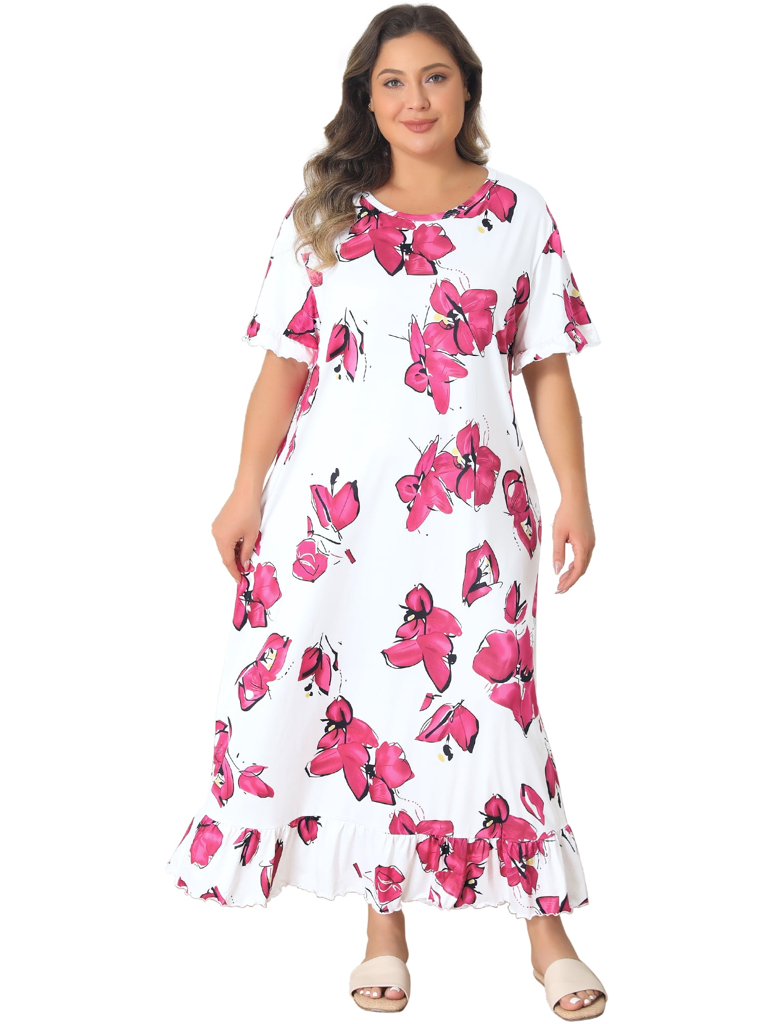 DARING DIVA Women's Plus Women's Floral Maxi Nightgown Sleepwear 5X White Pink